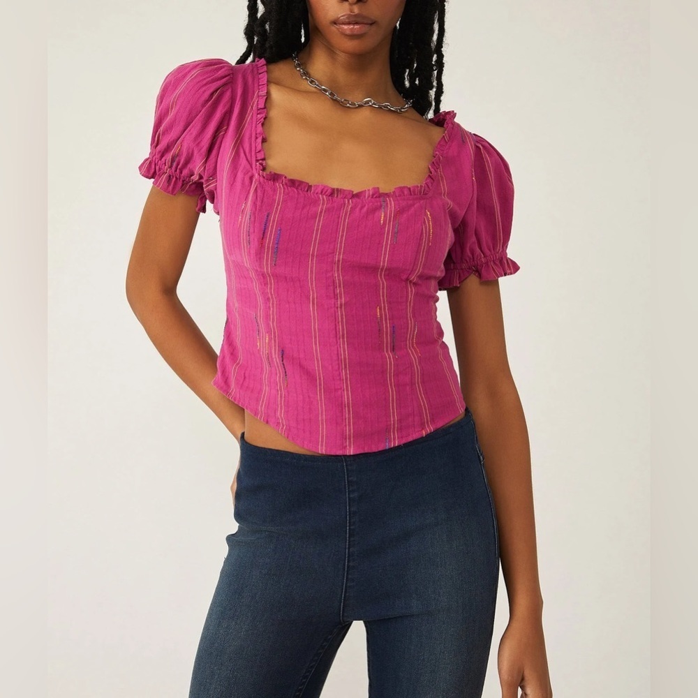 NWT Free People Seratonin Corset Smocked Puff Sleeve Top Raspberry Pink Medium